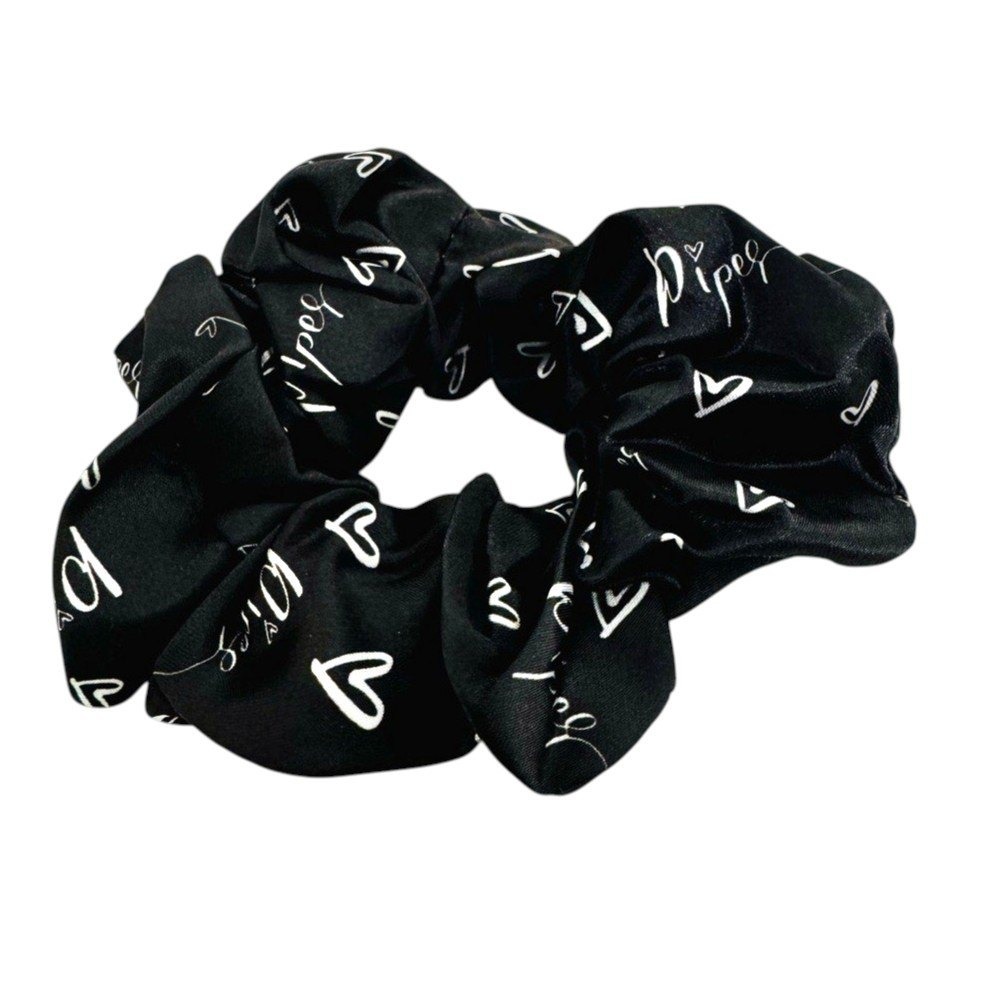 New Black Heart Print Satin‎ Scrunchies Black With White Hearts Hair Tie